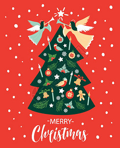 配有天使字母圣诞树的矢量卡配有天使圣诞树的矢量卡配有明亮的新亚鲁士红后座配有贺卡的矢量设计配有您的邀请函图片