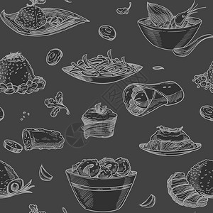 食用肉卷饼和海鲜沙拉配有虾类无缝模式的捕虾病媒单色素描草原药和无色鹦鹉菜盘上配有食品营养料的无色菜食用肉卷饼和有虾类的海鲜沙拉图片