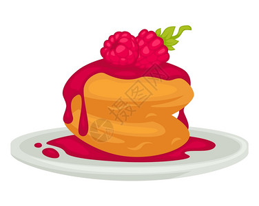 煎饼加松莓果酱煎饼加薄荷叶矢量饼孤立蛋糕加奶油糖浆和树叶作为成熟水果的装饰品黄油液态食加甜烹饪式的煎饼加红莓果酱和薄荷叶图片