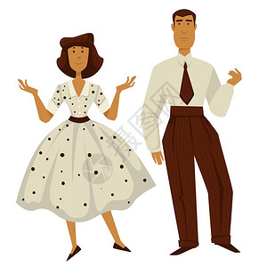 1950年代夫妇穿长裤和领带的男子穿波卡多式服装的女穿波卡多式服装的女50年代旧时装风格的女男角色老式服装和发型设计和老式195图片