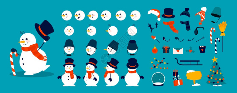 雪人动画资料袋圣诞节格构造元素头部身体和手臂的组合不同姿势冬帽围巾或装有雪图的物体矢量庆祝成套圣诞建筑元素不同姿势冬帽围巾和装有图片