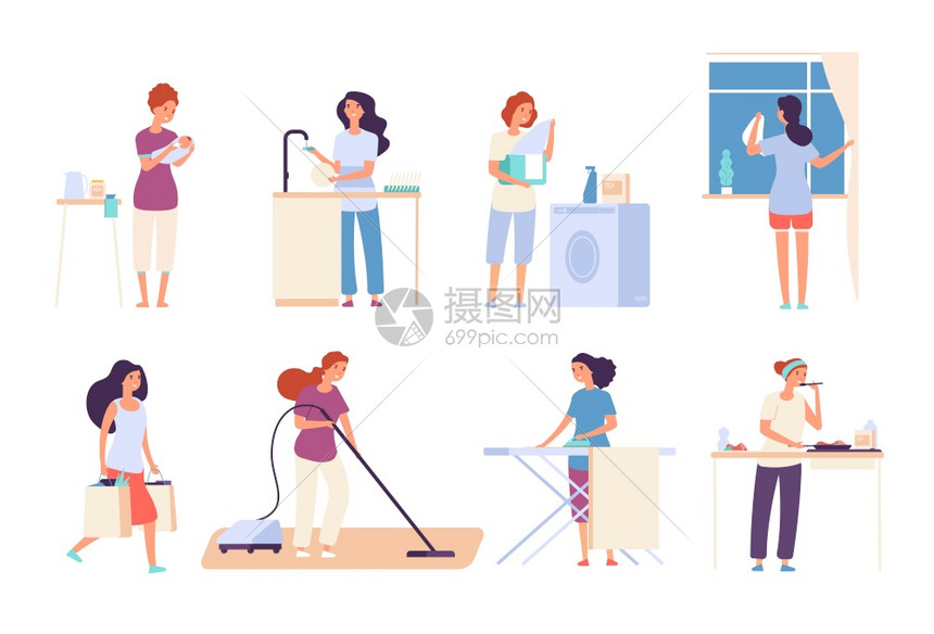 家庭主妇做务的女庭主妇在厨房熨衣清洁吸尘中做饭的幸福母亲卡通传媒