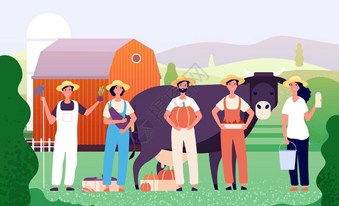 农民团体业工人民团队与野外新鲜农粮站在一起的民团队与牛和谷仓一起的农业病媒卡通概念农业病媒卡通概念图片