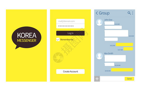 韩国信使Kakao与聊天框的谈话界面登录和创建账户页面矢量模板korean应用程序与智能手机插图界面Kkaao与聊天框的谈话界面图片