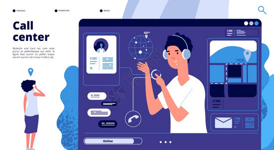 在线支持概念呼叫中心客户与操作员聊天顾问帮助客户24x7支持矢量登陆页面说明操作员支持帮助客户聊天在线支持概念矢量登陆页面图片