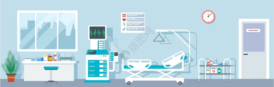 医院窗口室内空急诊置急诊设备差的强化治疗室医设备差的强化治疗室内通风医疗说明院病房室内卫生设备差的强化治疗室内空置放急诊设备差的密集治疗插画