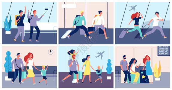 旅客携带行李坐飞机矢量插画图片