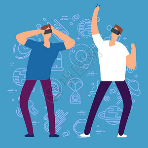 具有虚拟现实色彩人的卡通物带有虚拟现实的眼镜矢量图真实的眼镜游戏和头盔未来精神虚拟现实的卡通人物男子虚拟现实的眼镜矢量图图片