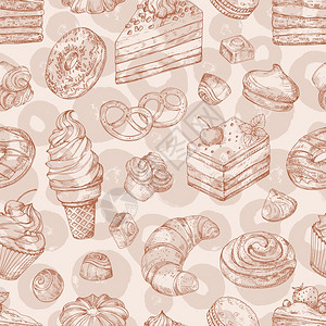 手画矢量糕点面包店甜无缝模式面包甜点背景巧克力和蛋糕手画矢量点甜无缝模式图片