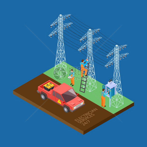 电动城市服务3d等量矢构成人修补城市电力缆工和设备插图图片
