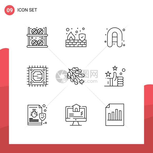 包含烟花墙壁处理器可燃病媒设计元素的9个简单大纲可编辑矢量线包图片