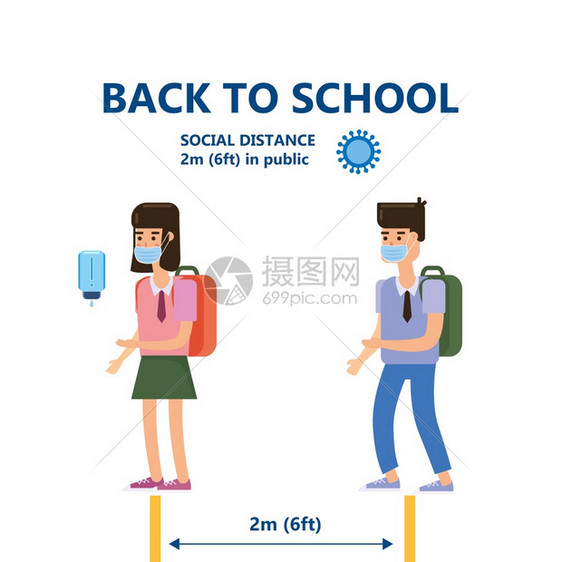 回到学校安全社交儿童安全戴面具在学校保持距离矢量插图图片