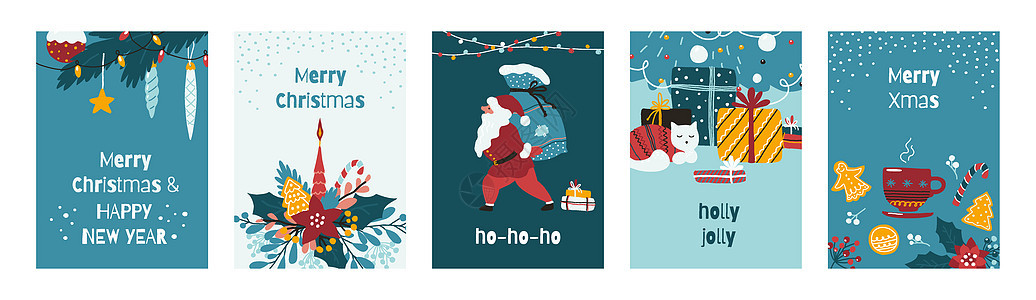 圣诞贺卡收藏圣诞节祝词和滑稽文字卡通纪念明信片与圣诞老人fir树礼品和园林传统餐饮病媒新年广场礼物贺卡和滑稽文字通庆祝圣诞老人明图片