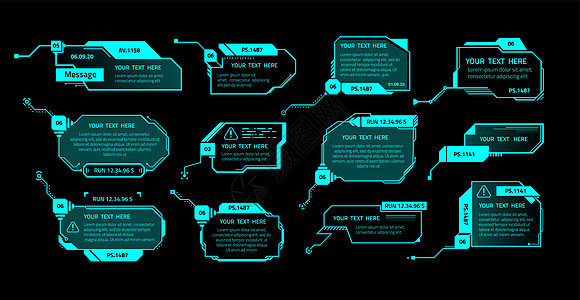 HUD文本横幅未来计算机电子游戏界面元素带有复制空间技术信息边界的将来计算机电子游戏界面元素收集黑色背景上的线人框矢量系统信息分图片