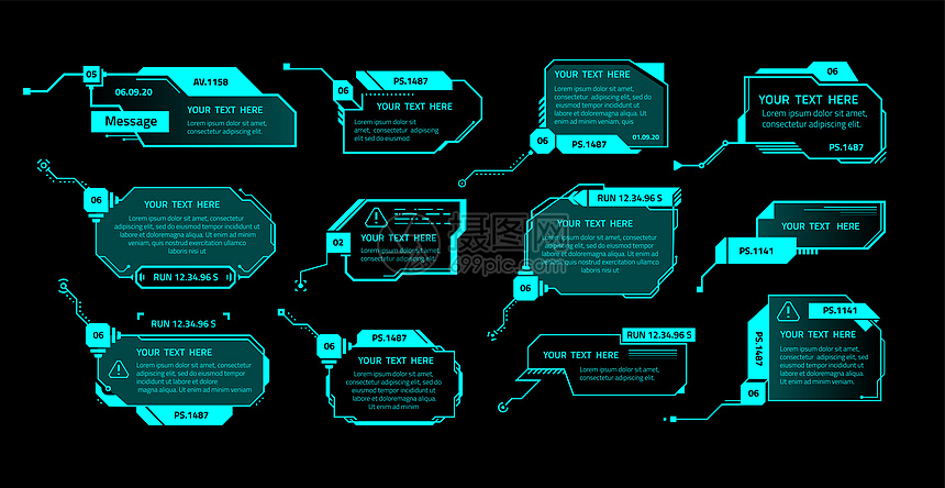 HUD文本横幅未来计算机电子游戏界面元素带有复制空间技术信息边界的将来计算机电子游戏界面元素收集黑色背景上的线人框矢量系统信息分图片