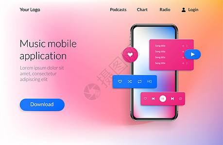 移动着陆页UI软件网站设计音乐应用程序布局模型与下载播放和类似按钮的接口现实智能手机矢量音乐播放器和歌曲汇编下载现实的电话图片