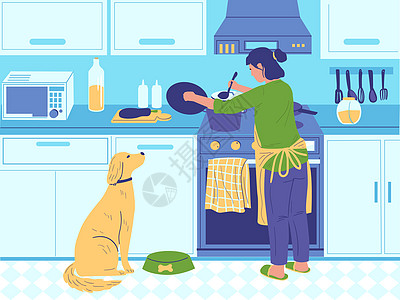 家用厨师卡通妇女为家庭做早餐或晚自制食品厨房里有狗烹饪家具和电子设备的女矢量普通生活固定插图女为家庭做早餐或晚家用食品准备矢量普图片