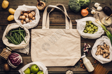 零废物概念带水果和蔬菜的生态袋带豆子的玻璃罐扁豆意大利面生态友好型购物和烹饪概念平铺图片