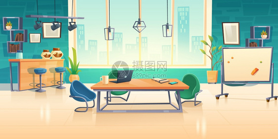 工作室内空办公商务中心办公桌上有计算机的空办公商务中心舒适的扶椅和咖啡断开区团队合作自由职业工作场所卡通矢量插图图片