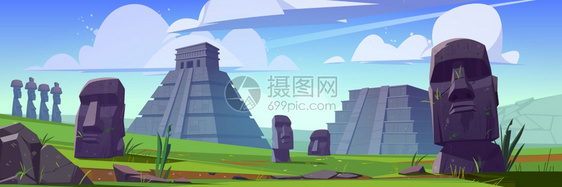 复活节岛上古老的玛雅金字塔和莫艾雕像南美洲地标ChichenItza和Kukulkan寺庙的矢量漫画景观绿草上的石雕古老莫伊像和图片