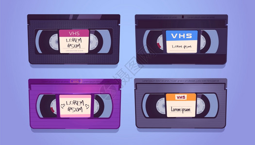 VHS磁带录象主机系统旧磁带和VCRVHS磁带录象主机系统旧磁带有空白标签的Vector陈列式卡通片录制电影媒体视和影的Retr图片