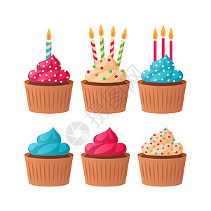 生日蛋糕彩色粉红蓝和香草庆祝甜点配有奶油和蜡烛儿童聚会邀请或贺卡装饰白背景孤立的矢量收藏单独图片