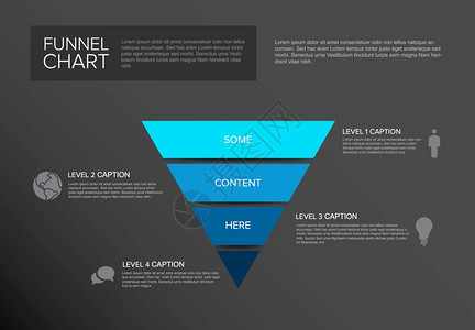 矢量4级四层漏斗模板带有描述黑暗背景上的反向蓝色金字塔模板图片