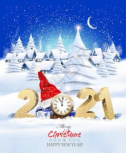 圣诞节和新年背景2021年有礼物和圣诞帽矢量插图背景图片