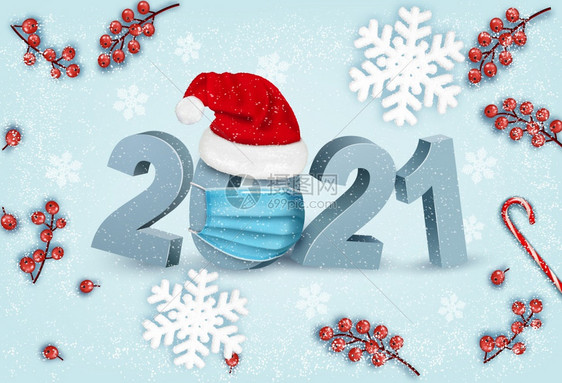 新年背景2021年带有保护口罩矢量插图图片