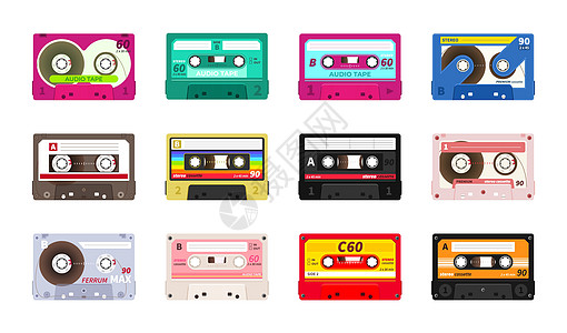 Retro音乐磁带现实的旧学校录音记技术90年代和8迪斯科派对和娱乐活动有色塑料体的录音带文具装饰矢量媒体置雷特罗音乐磁带现实的背景图片