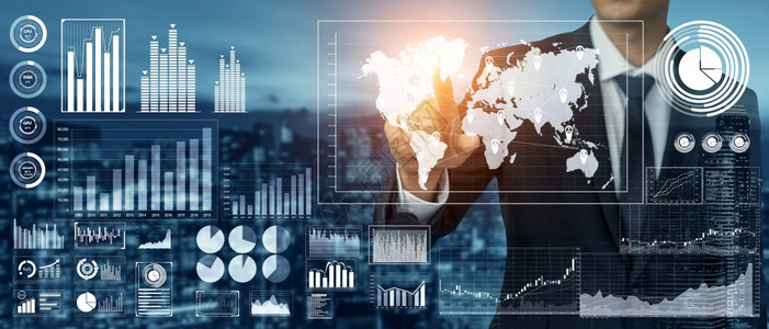 全球金融分析和海量数据研究概念未来屏幕显示商业和营销决策所需的大量统计资料图片