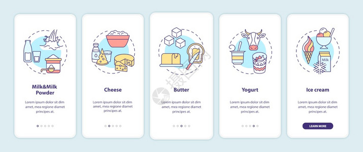 乳制品在装有概念的移动应用程序页面屏幕上奶酪生产制品工业通过5步图形说明配有RGB彩色插图的UI矢量模板装有概念的移动应用程序页图片