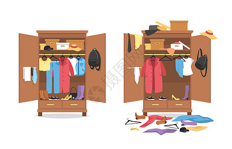 衣柜整洁的衣橱和杂乱的衣橱卡通矢量插画插画