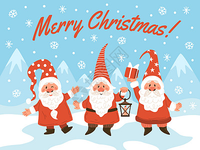 Gnomes圣诞节人物与穿着红衣和节日元素的快乐侏儒节日冬季运动海报明信片雪花和字母邀请函或贺卡通矢量背景与穿着红衣和节日元素的图片