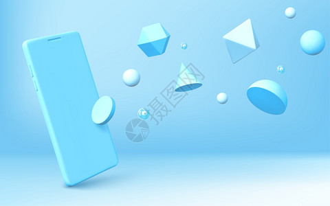 具有现实智能手机模拟和几何3d形状分布在蓝色背景的抽象半球八面体锥圆柱和象沙德龙带有矢量移动电话转换带有现实智能手机模型的抽象设图片