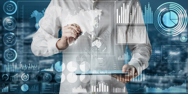 全球金融分析和海量数据研究概念未来屏幕显示商业和营销决策所需的大量统计资料图片