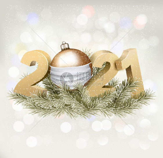 圣诞快乐和新年背景有2021年和金球有白色保护口罩图片
