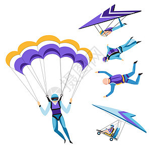 Skydivers孤立字符带有降落伞滑翔极端肾上腺运动矢量天空跳跃爱好装备伞兵自由飞行休闲活动和风险降落伞手和滑翔跳背景图片