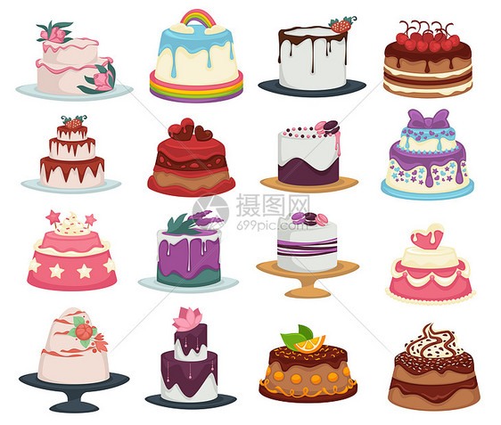 带有花和水果装饰婚礼和生日蛋糕的甜点孤立餐盘矢量巧克力和奶油有糖霜的饼干层甜食和浆果马卡龙边餐生日蛋糕边餐饭图片