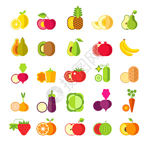 健康有机食品水果和蔬菜矢量图标图片