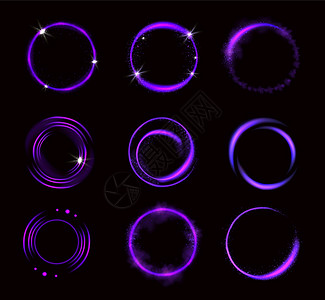 亮紫色圆环有火花闪亮的边界有光或仙尘发环幻想设计元素在黑色背景现实3d矢量图中分离设置图片