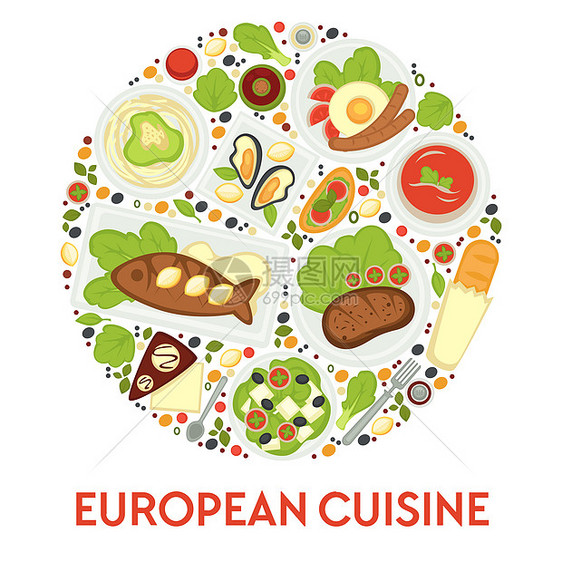 欧洲食品烹饪菜和餐食甜点矢量面和牡蛎煎蛋香肠烤鱼番茄汤牛排布鲁谢塔希腊沙拉和面包巧克力蛋糕欧洲食品菜单食餐和甜点图片