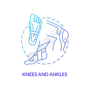 膝盖和脚踝蓝色梯度概念图标身体健康腿部和手护理防止共同伤害辛尼西亚学磁带设想细线插图矢量孤立的大纲RGB颜色绘图图片