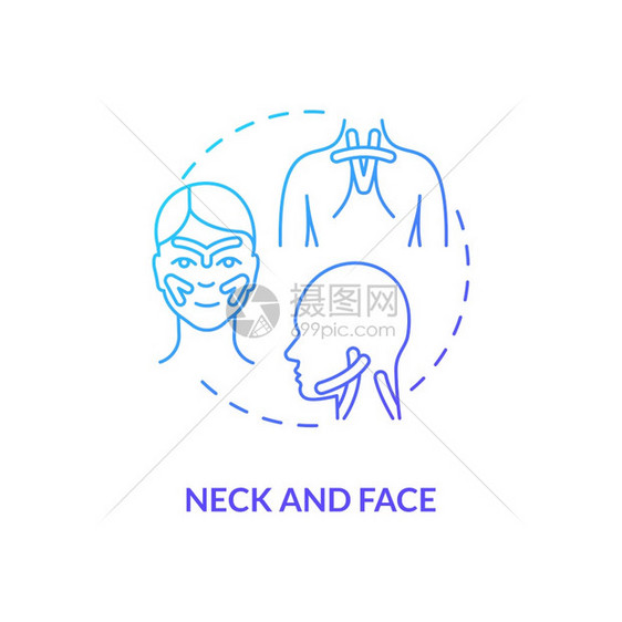 颈部和面蓝色梯度概念图标身体护理和健康头部肌肉防止伤害辛尼西亚学磁带的细线插图矢量孤立的大纲RGB颜色绘图图片