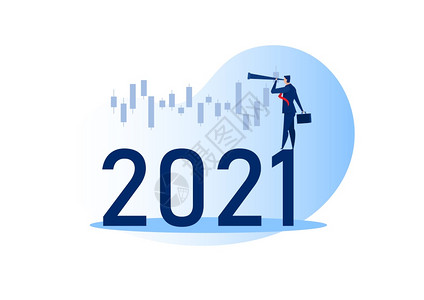 商人用2021年股票市场的烛台图看望远镜股票投资概念平板漫画人物矢量图图片