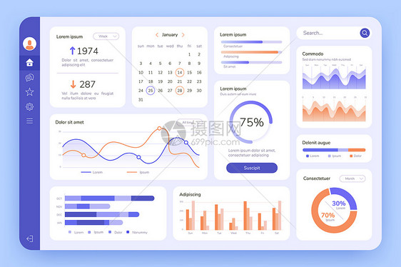 DashboardUIInfblog数据图形和表用商业分析法筛选行政统计软件网络界面矢量模板网络界面统计数据屏幕Dashboar图片