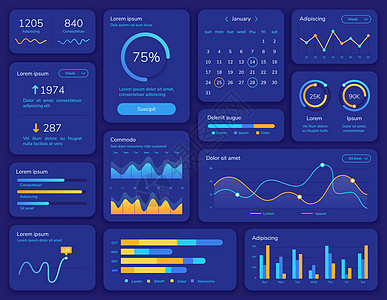 Hud界面未来ui屏幕包括数据显示统计图表菜单和日历Dashboard信息面板和元素矢量模演示结构图表报告菜单插界面u屏幕包含数数字的高清图片素材