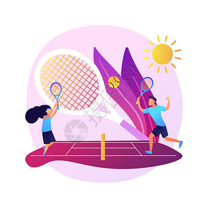 网球营的宾客电子游戏个人训练积极休息年轻女士在网球场上打户外休闲和爱好矢量孤立概念比喻说明网球营的矢量概念比喻图片