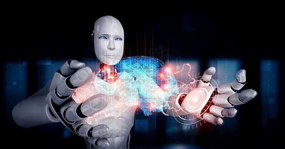人工智能机器持有虚拟全息图屏幕通过机器学习程显示人工智能大脑和思维的概念3D插图图片