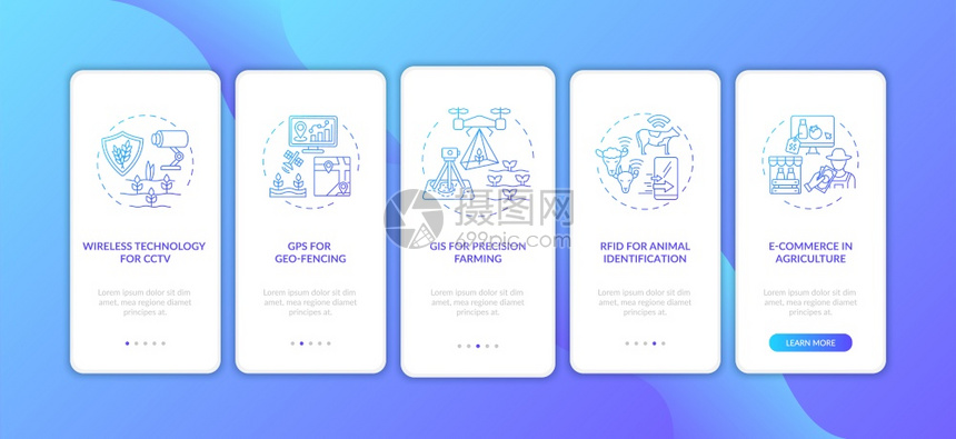 具有概念的GIS精密农业耕作横跨5步图示说明配有RGB颜色插图的UI矢量模板装有概念的移动应用程序屏幕的农业信息技术图片